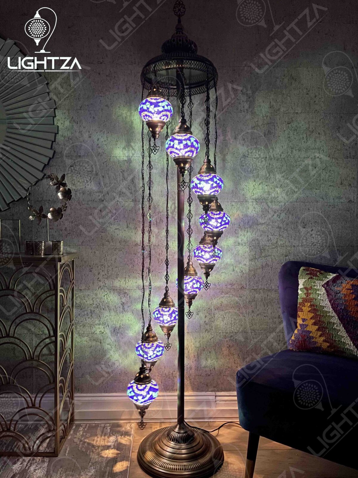 Neon Blue Turkish Moroccan Mosaic Handmade 9 Globes Floor Lamp